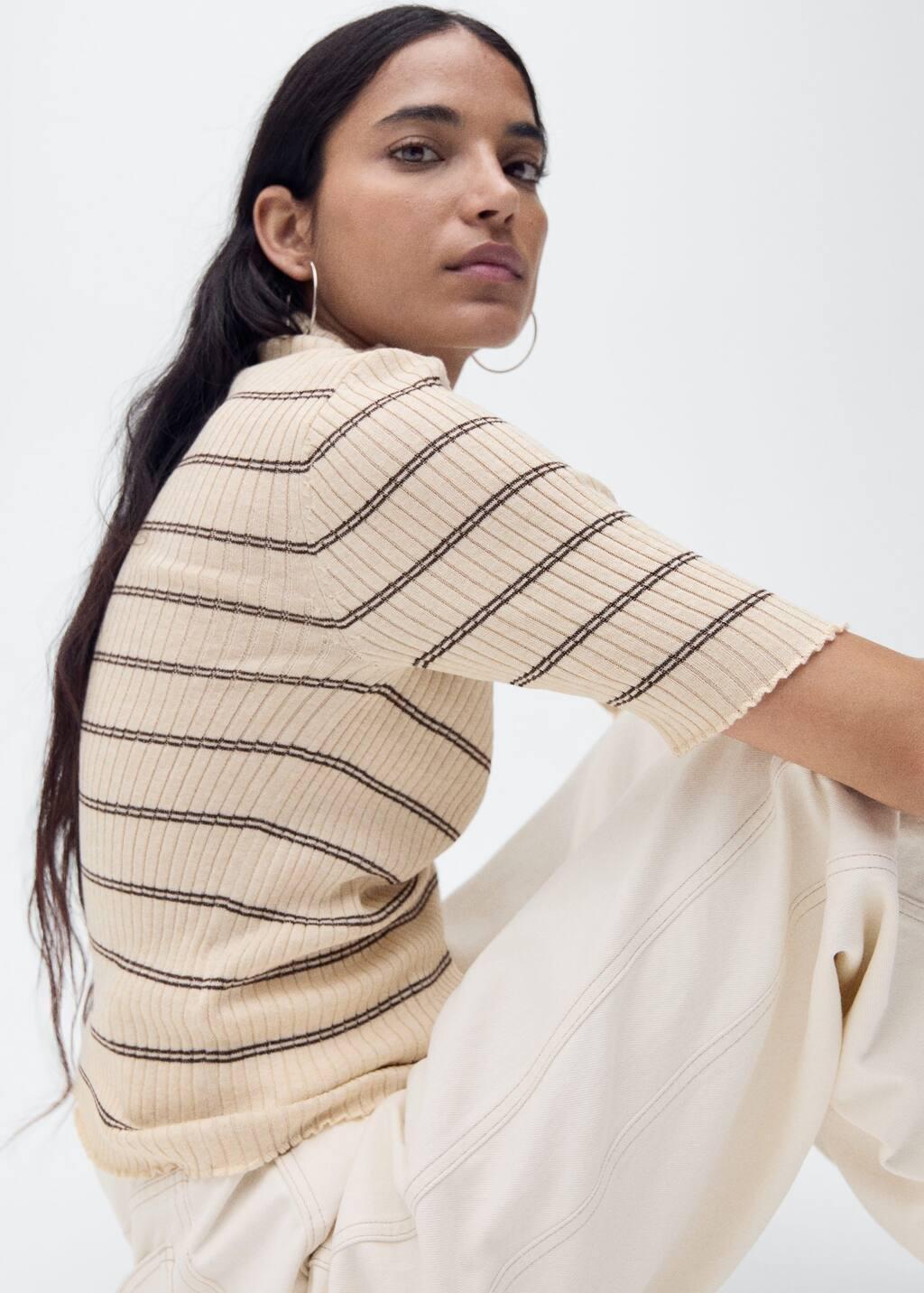 Brown Rib-Knit Sweater With Perkins Neck, , large image number 1