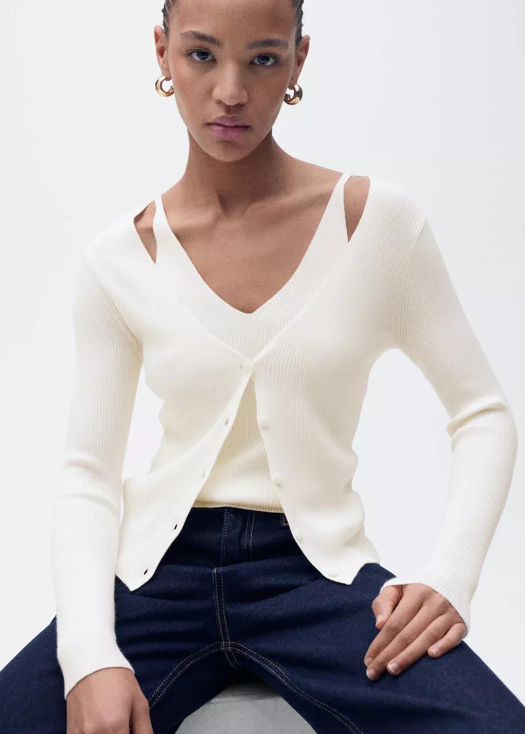 Beige Combined V-Neck Knitted Cardigan, , medium