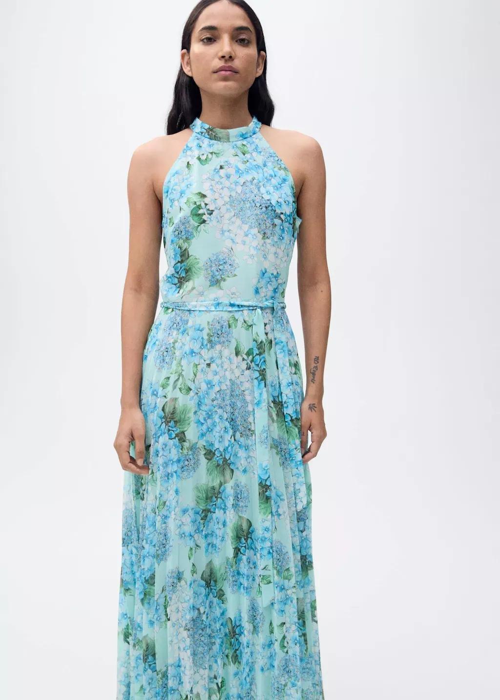 Blue Floral-Print Pleated Dress, , large image number 0
