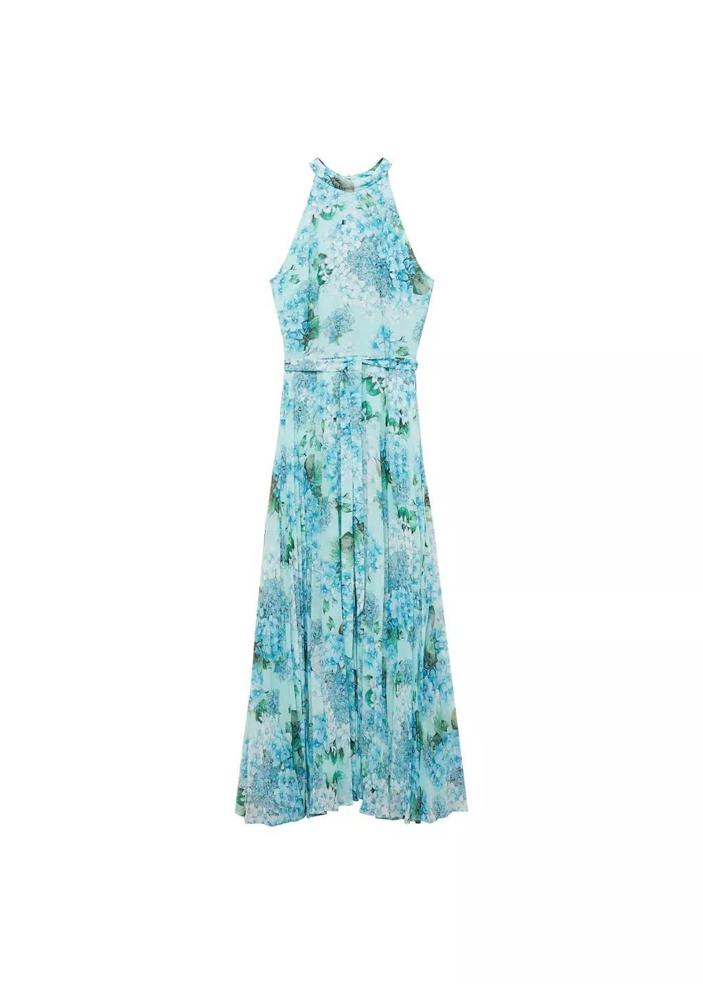 Blue Floral-Print Pleated Dress, , large image number 3