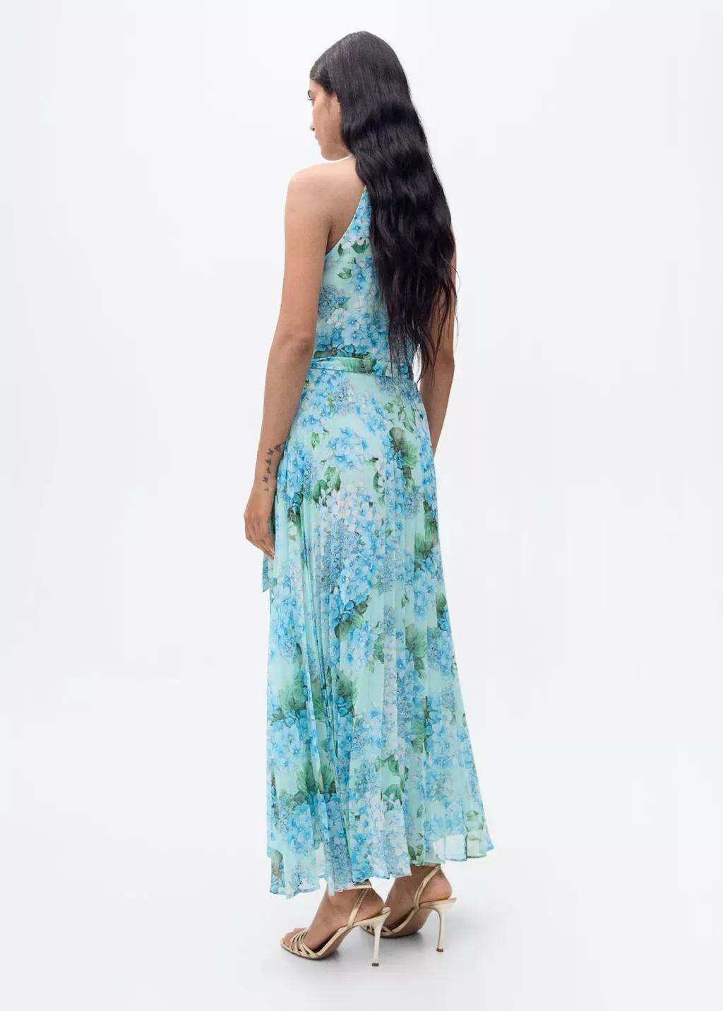 Blue Floral-Print Pleated Dress, , large image number 4