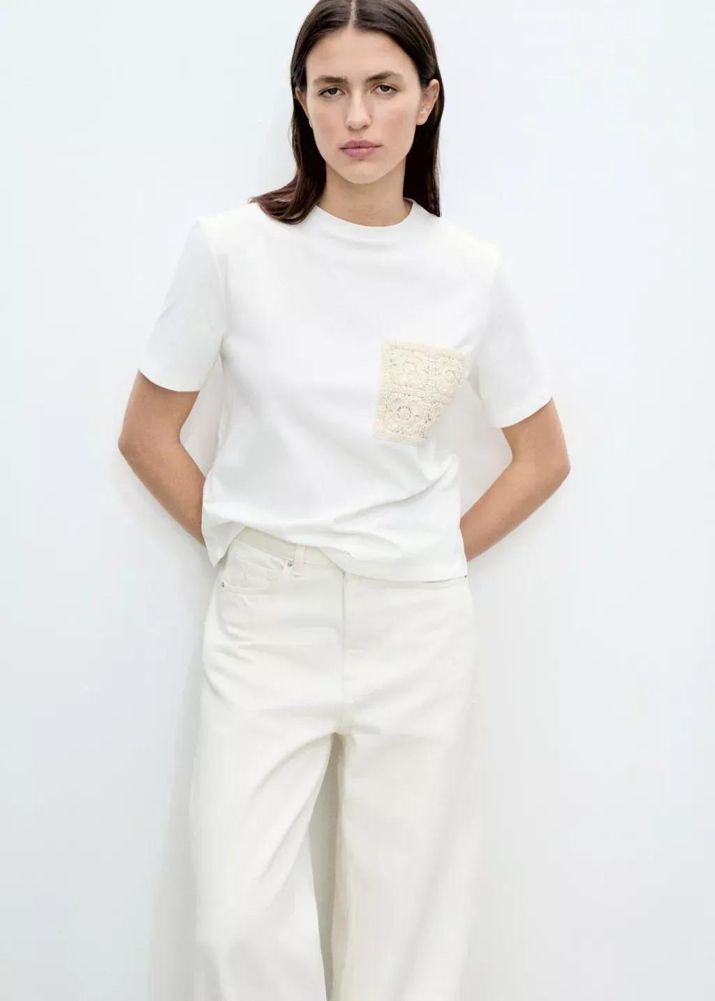 White Crochet Embroidered T-Shirt, , medium