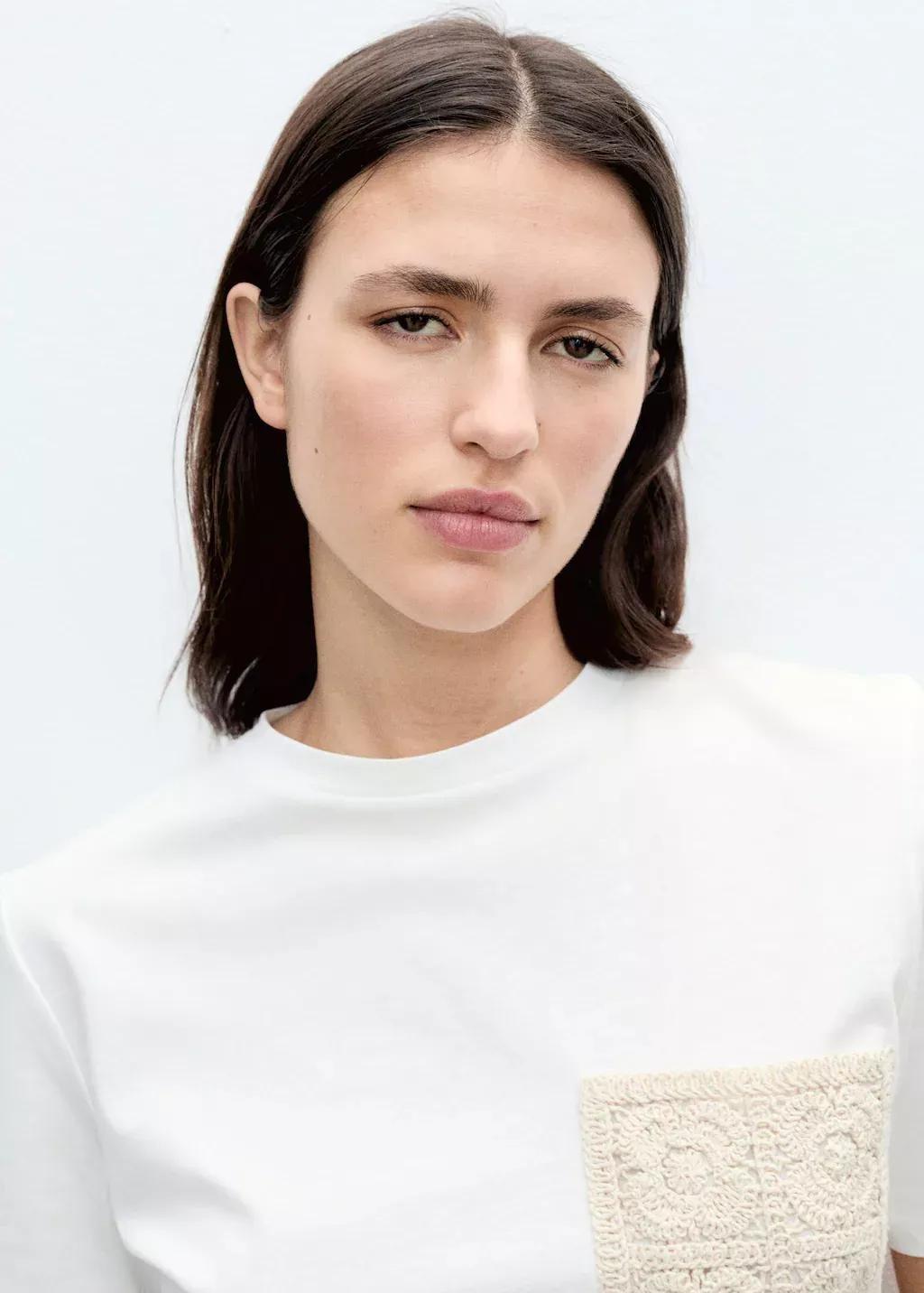 White Crochet Embroidered T-Shirt, , large image number 1