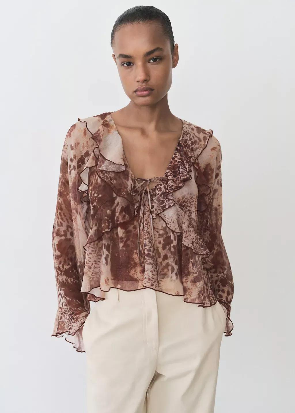 Brown Printed Blouse With Ruffles And Bow Detail, , large image number 0