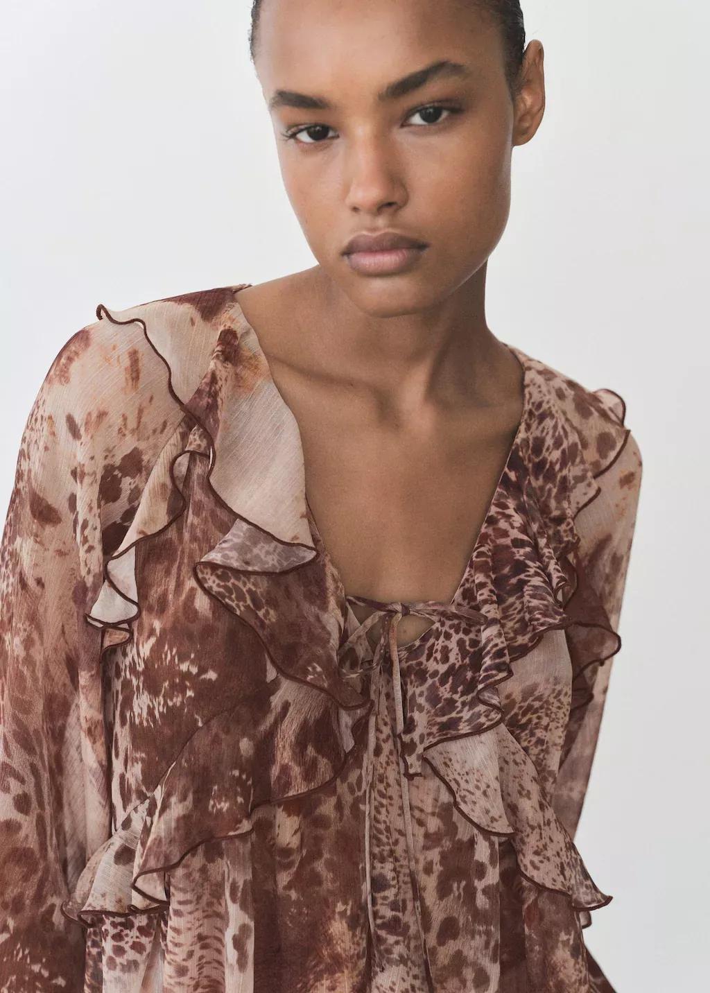 Brown Printed Blouse With Ruffles And Bow Detail, , large image number 1