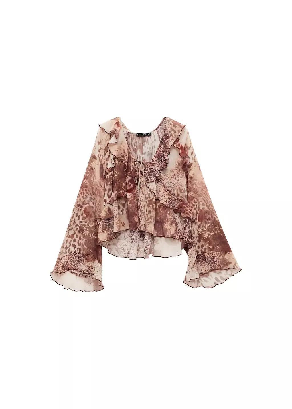 Brown Printed Blouse With Ruffles And Bow Detail, , large image number 3