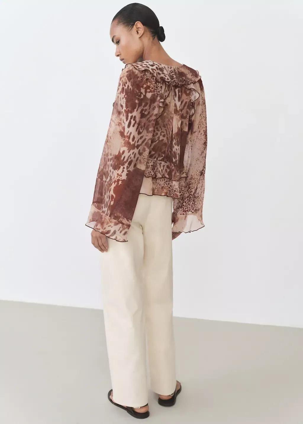 Brown Printed Blouse With Ruffles And Bow Detail, , large image number 4
