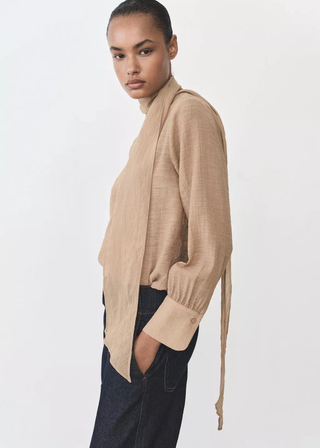 Brown Bow Textured Blouse, , large image number 0