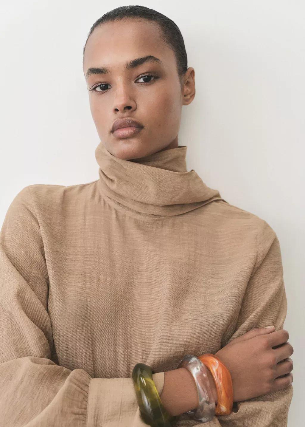 Brown Bow Textured Blouse, , large image number 1