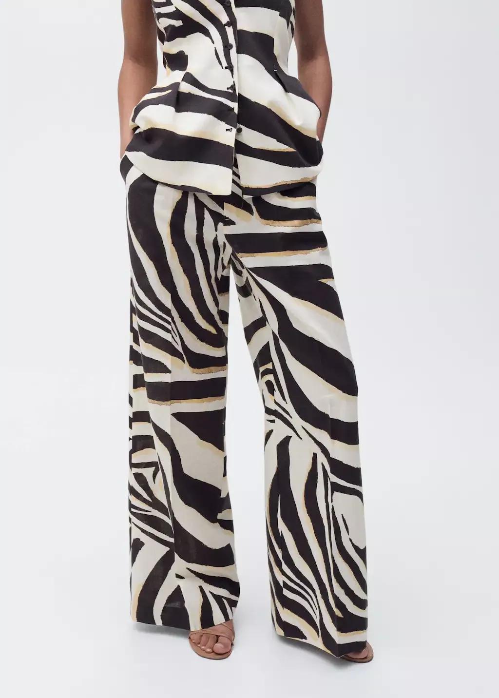 Beige Striped Casual Trousers, , large image number 1
