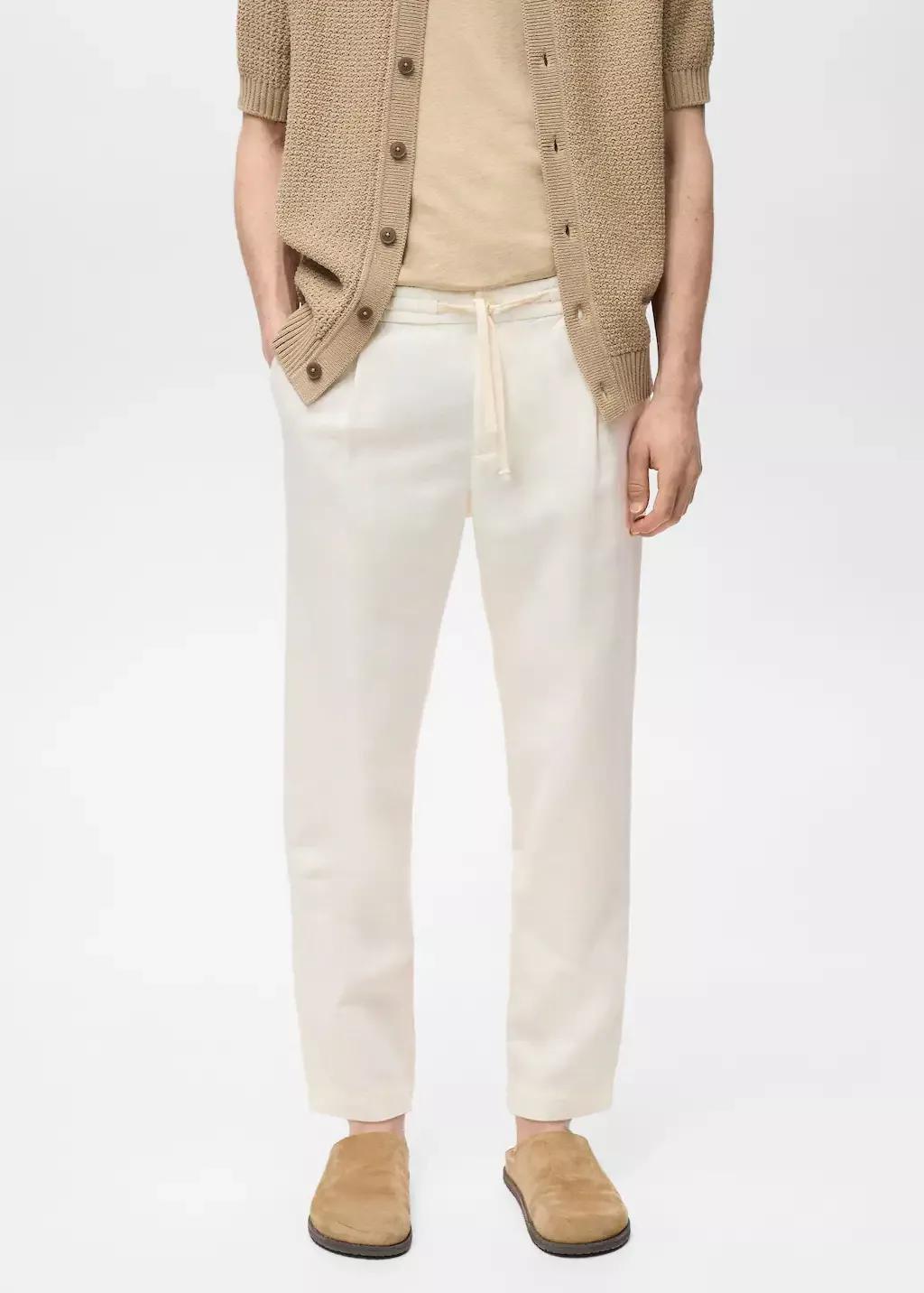 White Slim-Fit Trousers With Drawstring, , medium