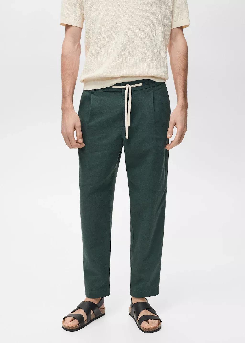 Green Slim-Fit Trousers With Drawstring, , medium