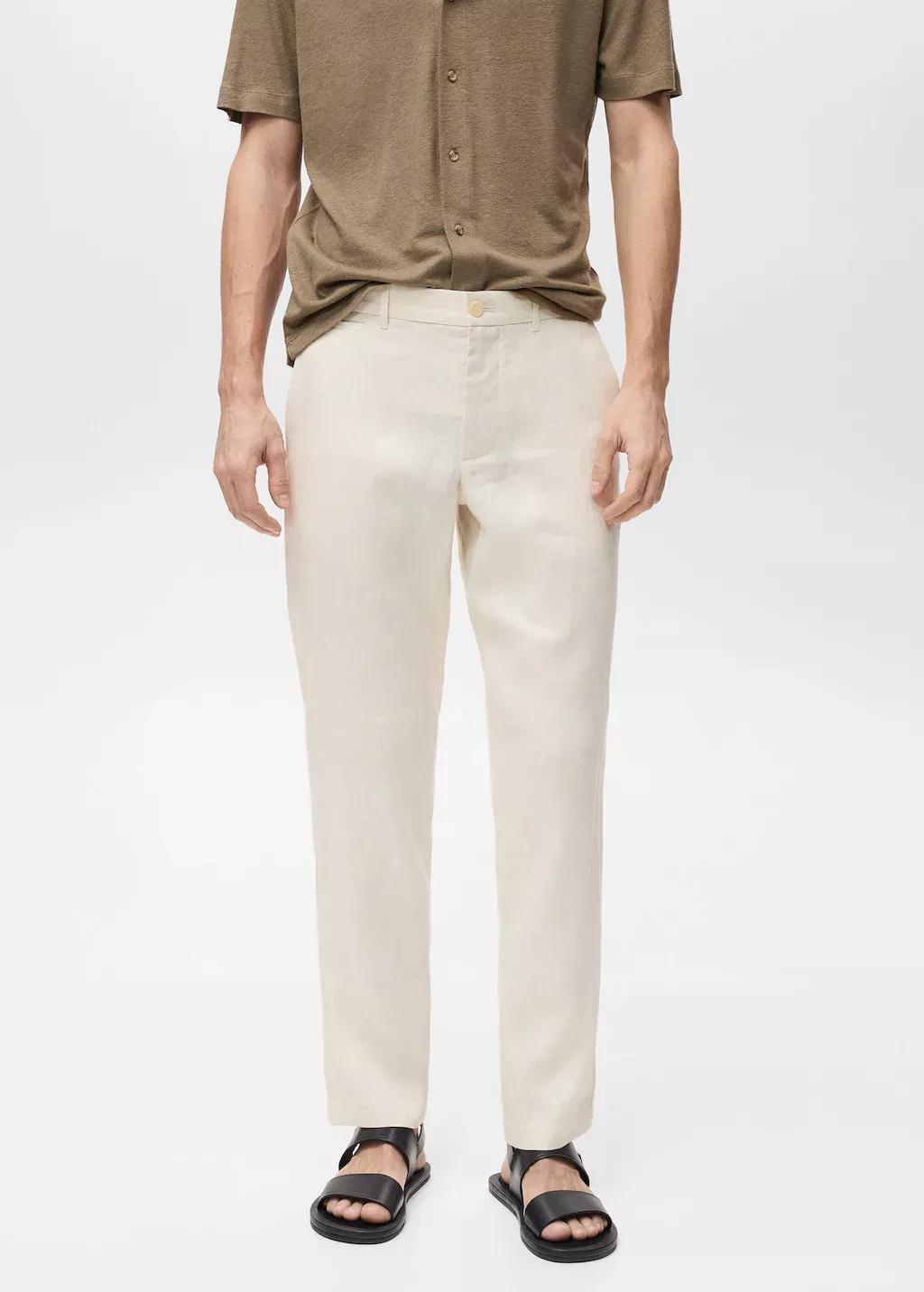 White Slim-Fit 100% Linen Trousers, , large image number 0