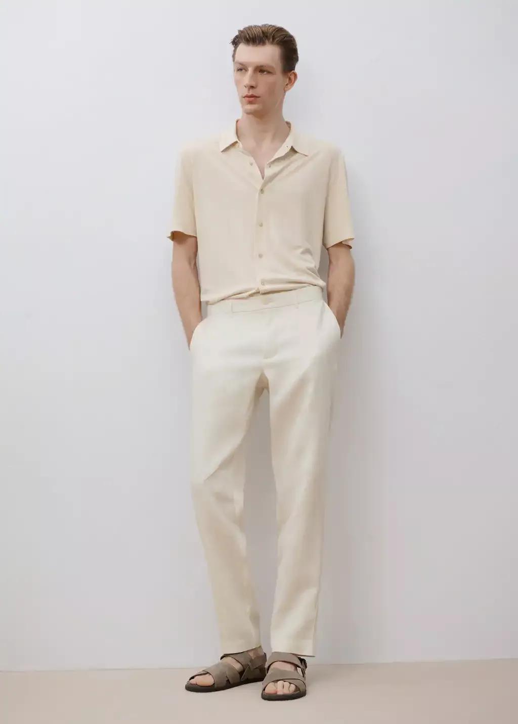 White Slim-Fit 100% Linen Trousers, , large image number 6