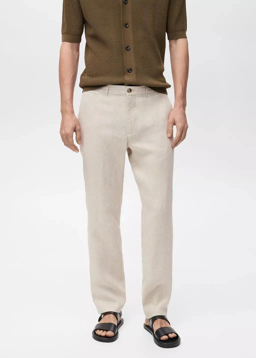 Beige Slim-Fit 100% Linen Trousers, , large image number 0