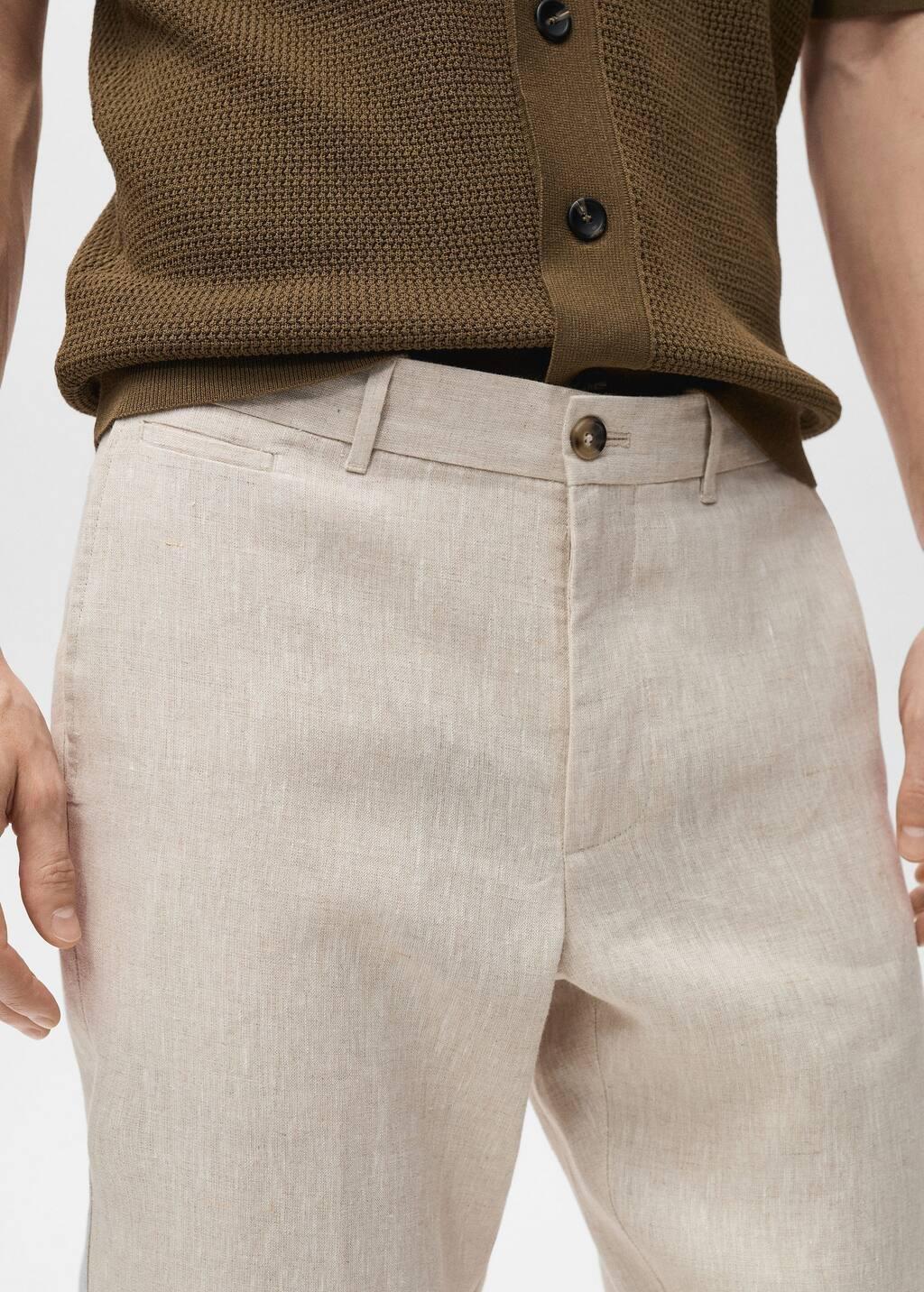 Beige Slim-Fit 100% Linen Trousers, , large image number 1