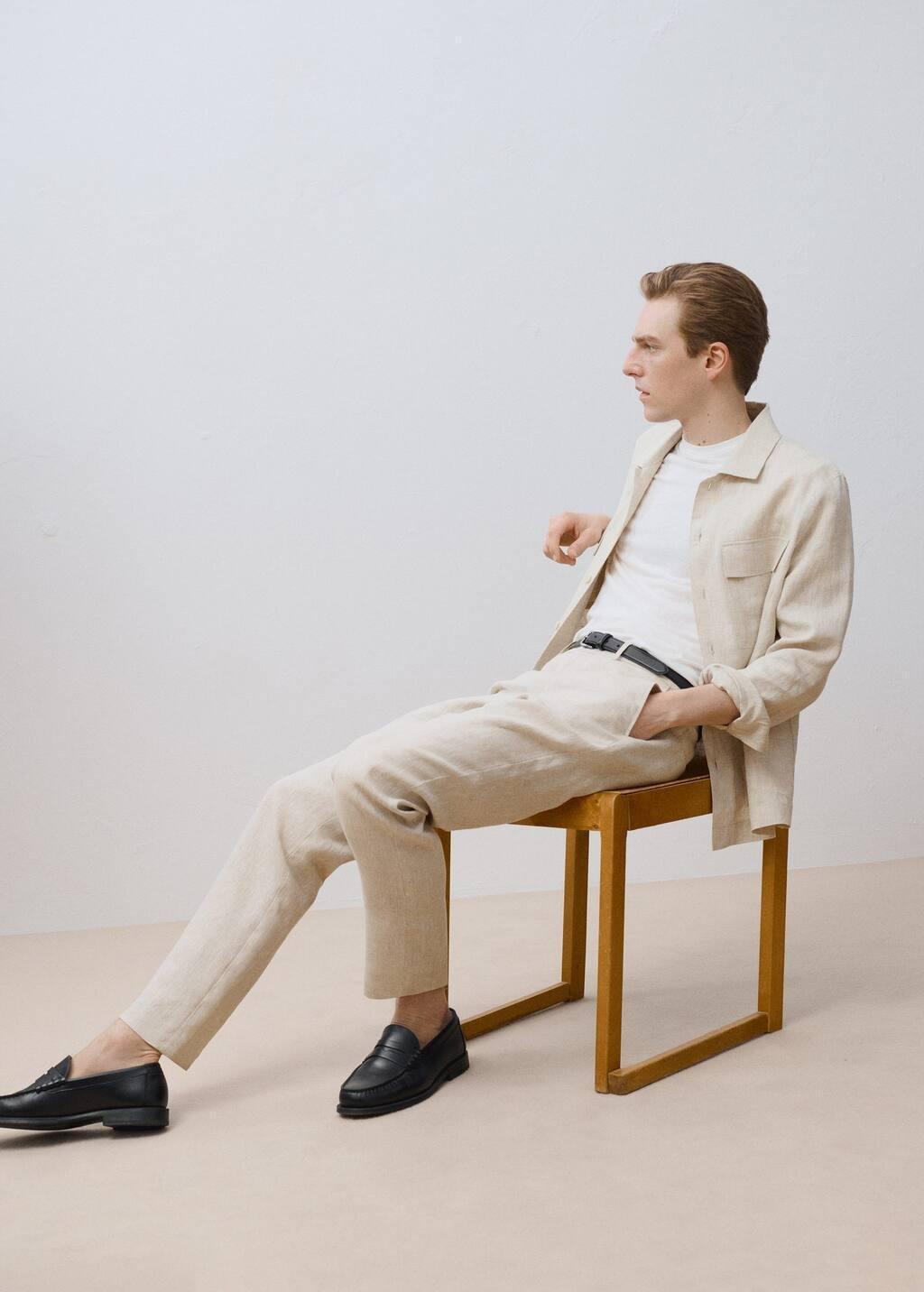 Beige Slim-Fit 100% Linen Trousers, , large image number 6
