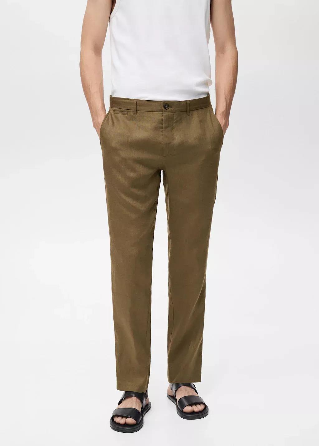 Green Slim-Fit 100% Linen Trousers, , large image number 0