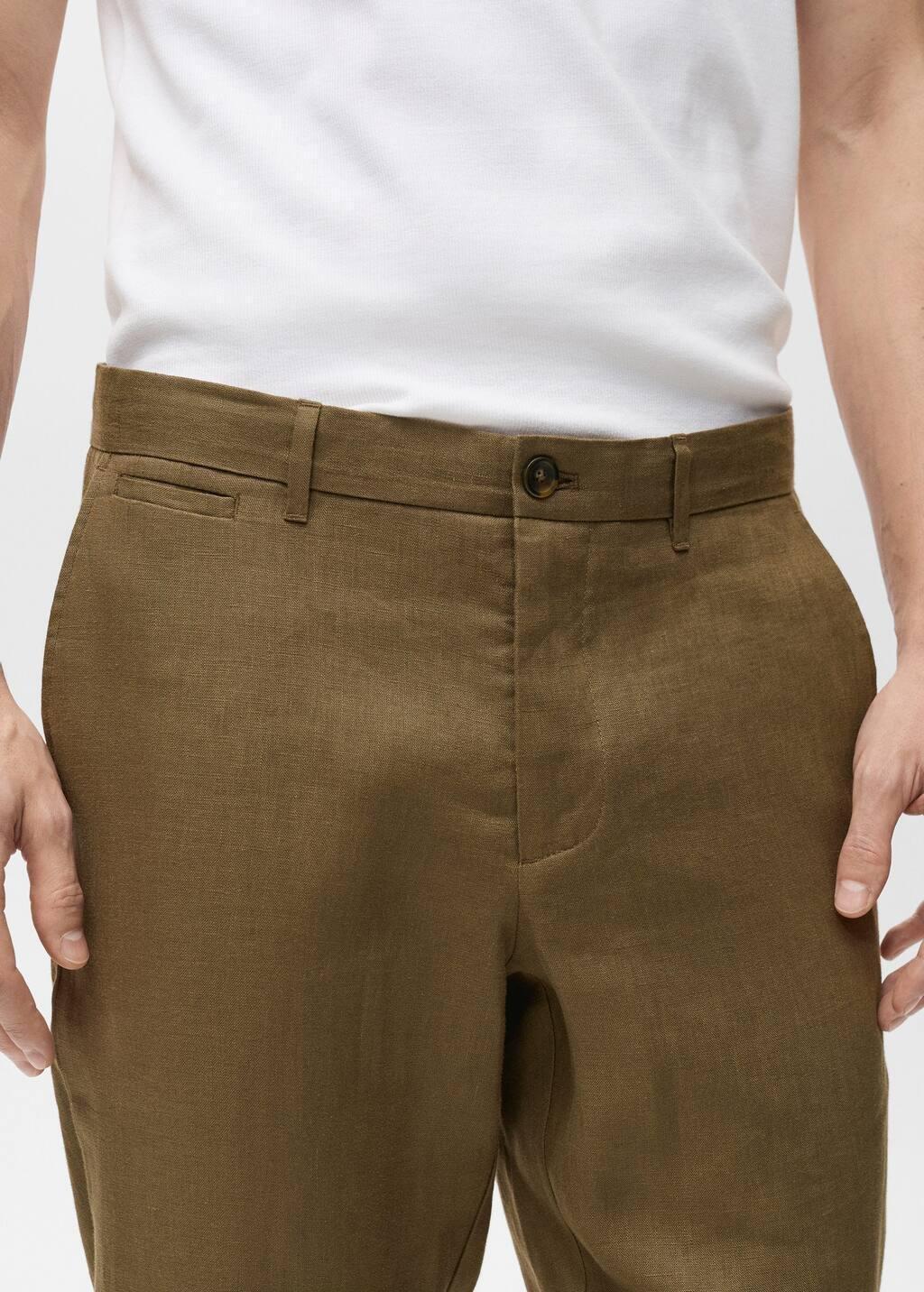 Green Slim-Fit 100% Linen Trousers, , large image number 1
