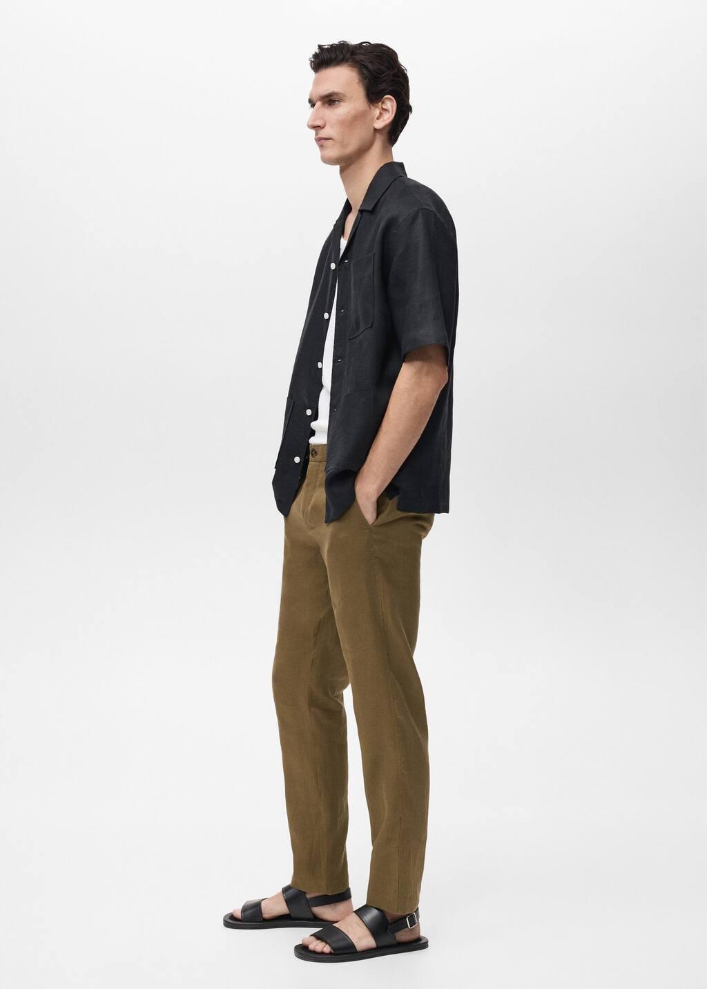 Green Slim-Fit 100% Linen Trousers, , large image number 3