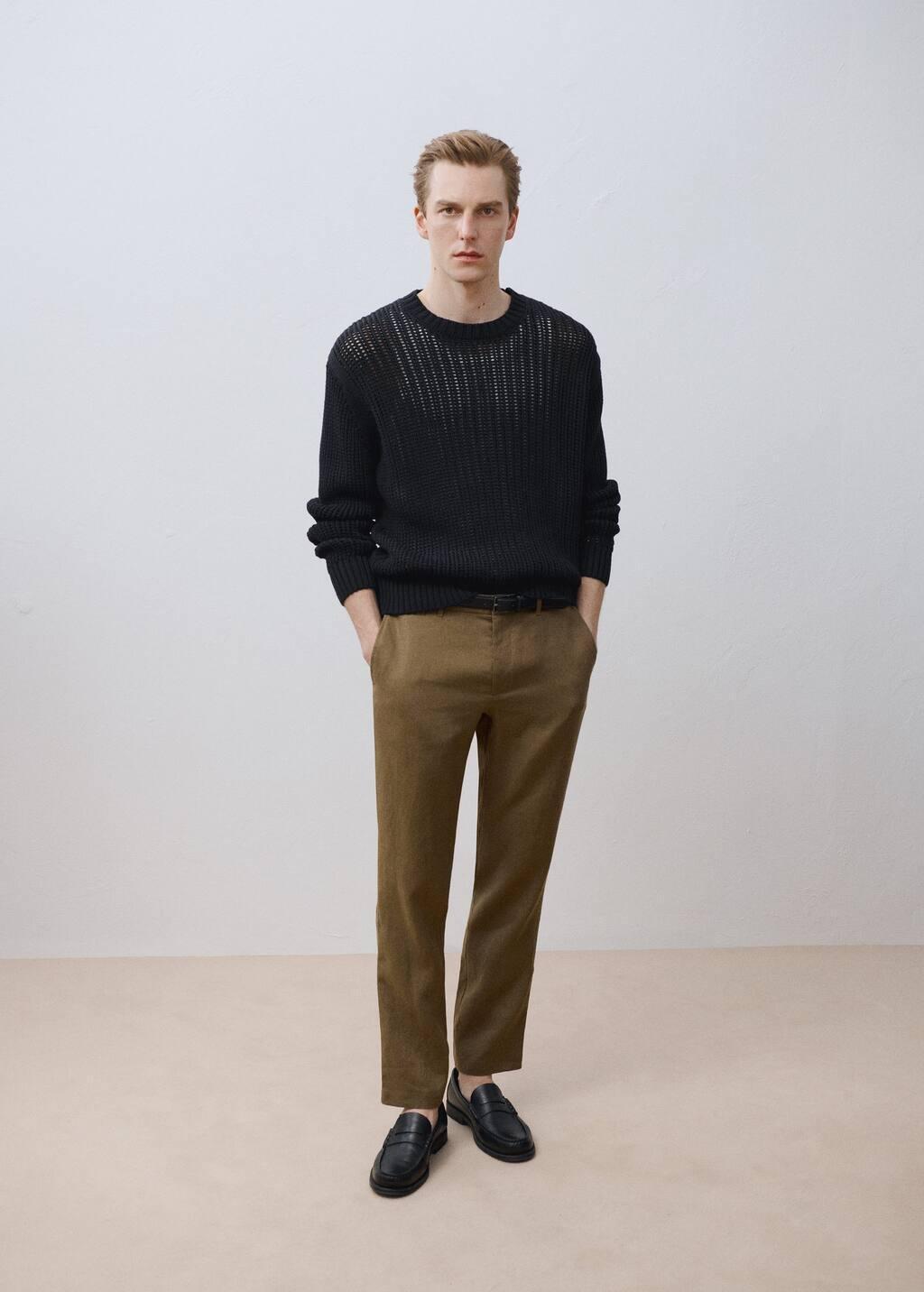 Green Slim-Fit 100% Linen Trousers, , large image number 6