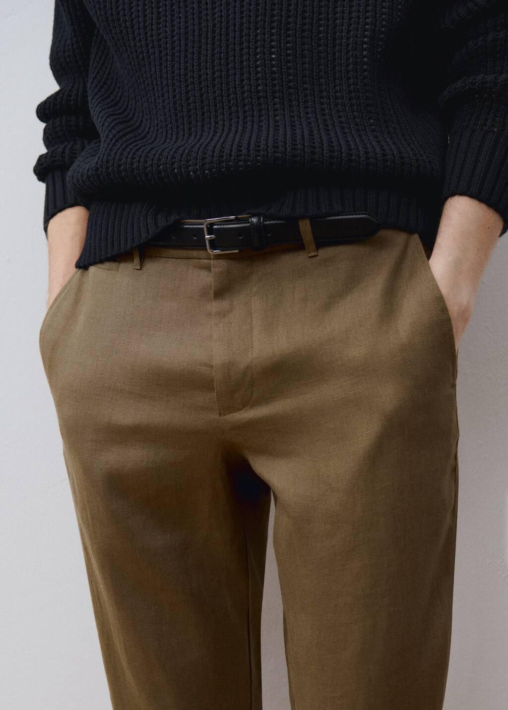 Green Slim-Fit 100% Linen Trousers, , large image number 8