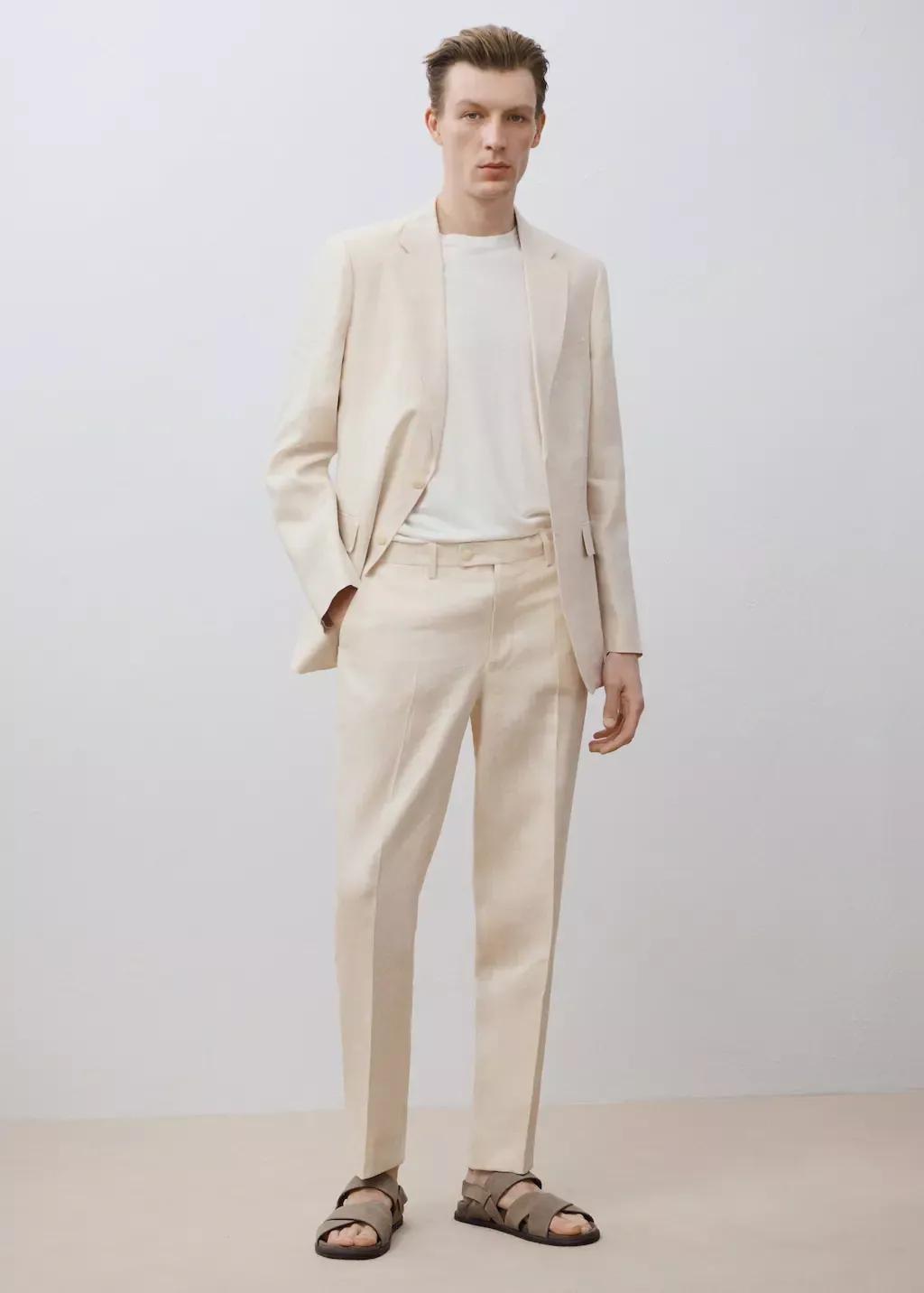 Beige Amalfi 100% Linen Slim Fit Suit Trousers, Light Beige, large image number 6
