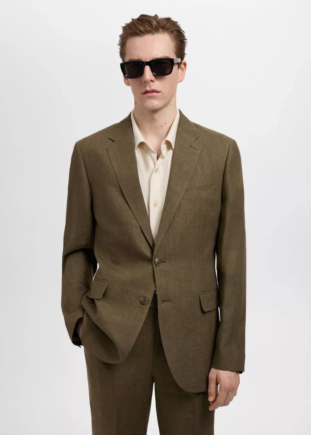 Khaki Slim Fit 100% Linen Suit Blazer, , large image number 0