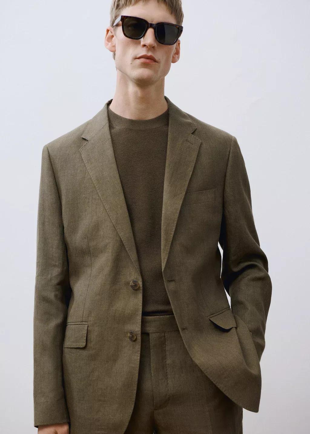 Khaki Slim Fit 100% Linen Suit Blazer, , large image number 5