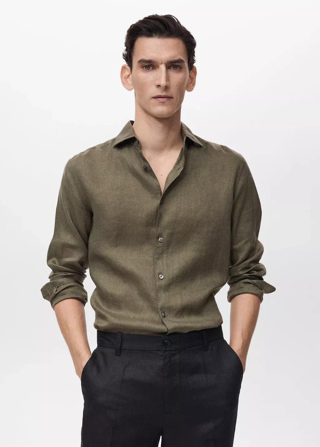 Khaki 100% Linen Slim-Fit Shirt, , medium