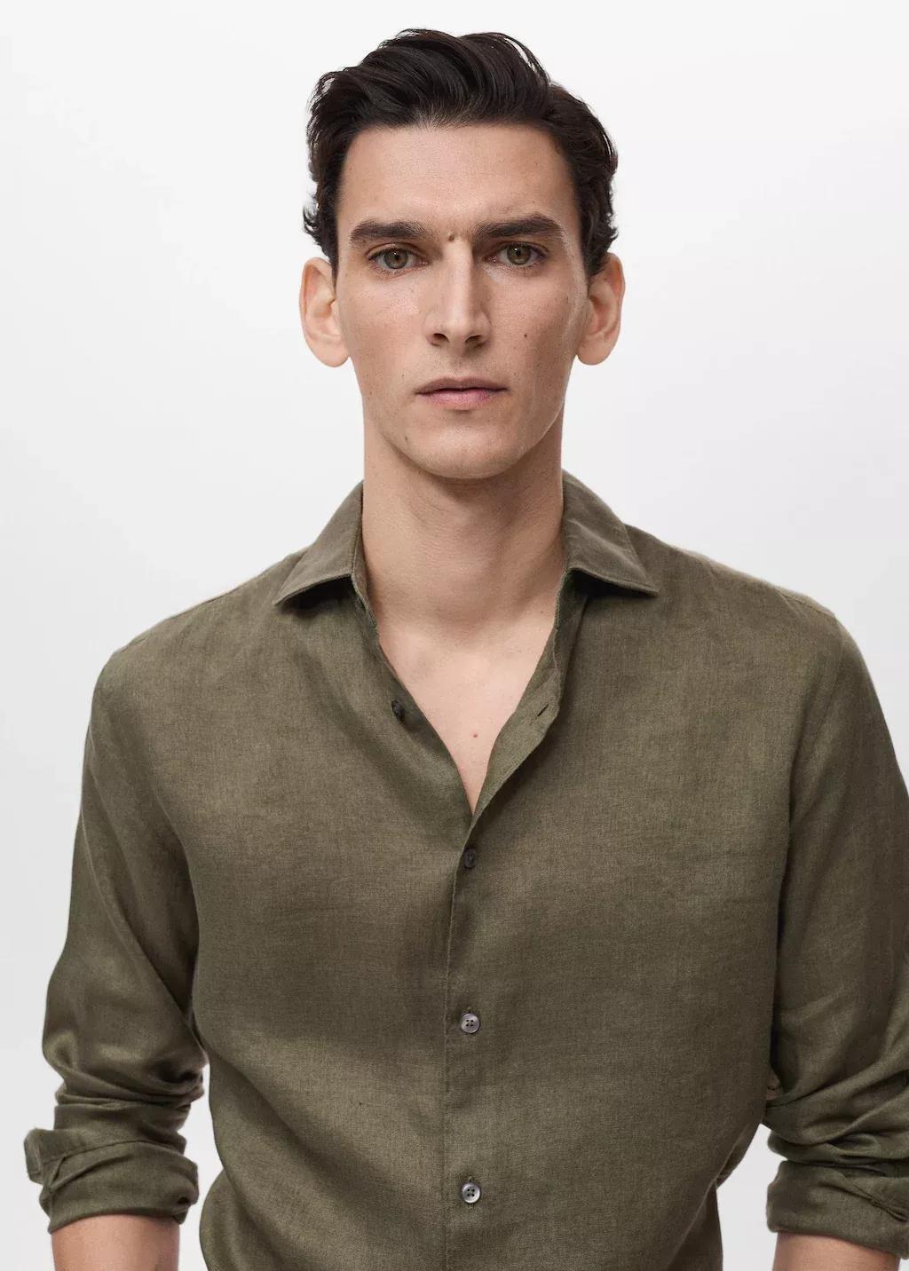 Khaki 100% Linen Slim-Fit Shirt, , large image number 1