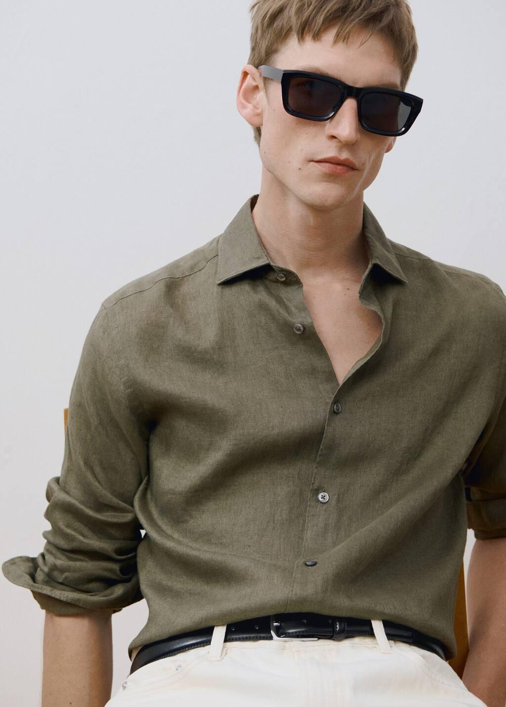 Khaki 100% Linen Slim-Fit Shirt, , large image number 5
