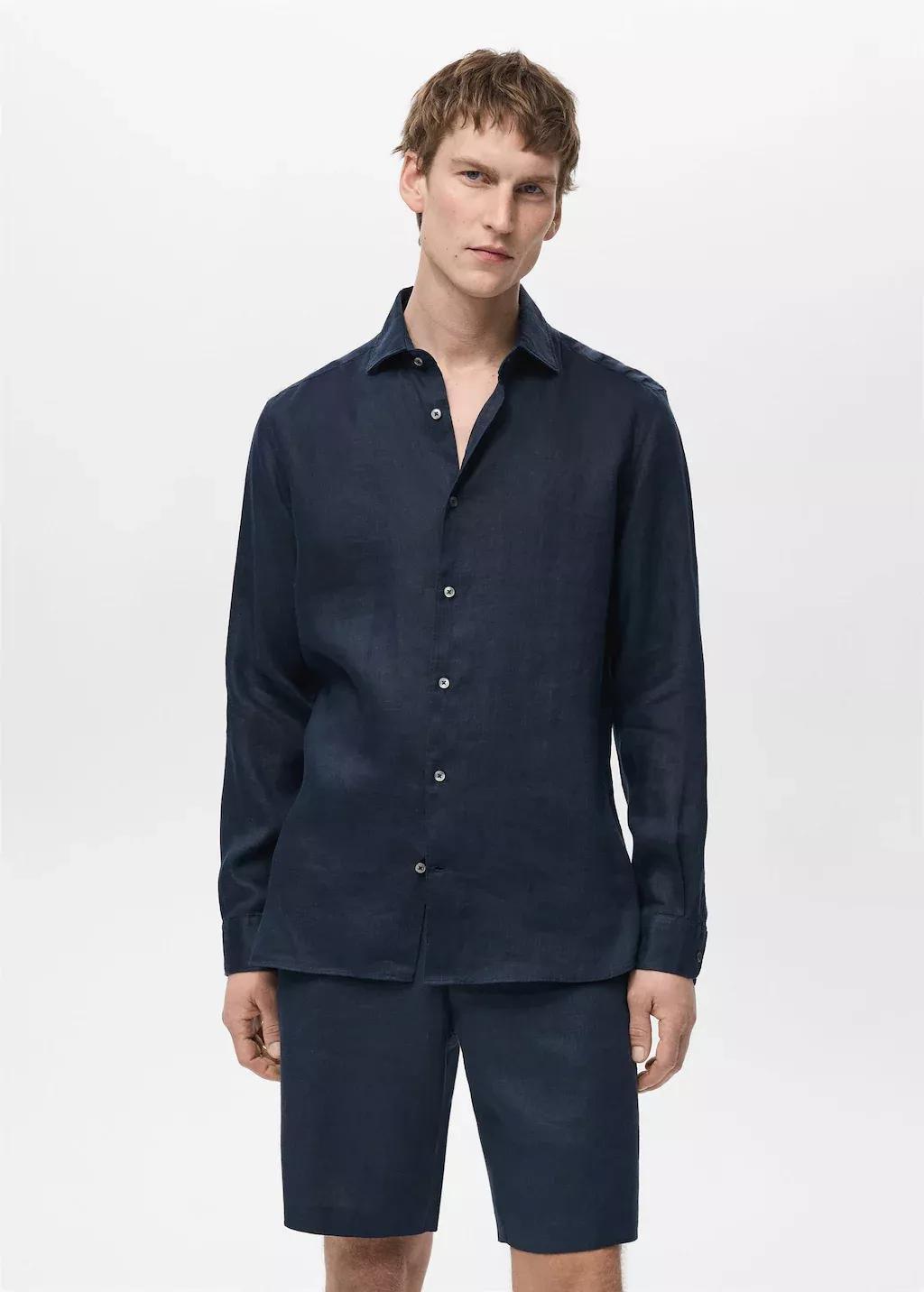 Navy 100% Linen Slim-Fit Shirt, , medium