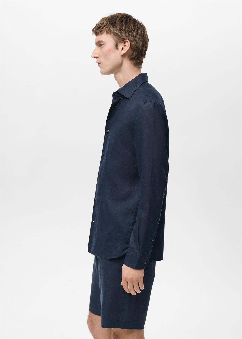 Navy 100% Linen Slim-Fit Shirt, , large image number 1