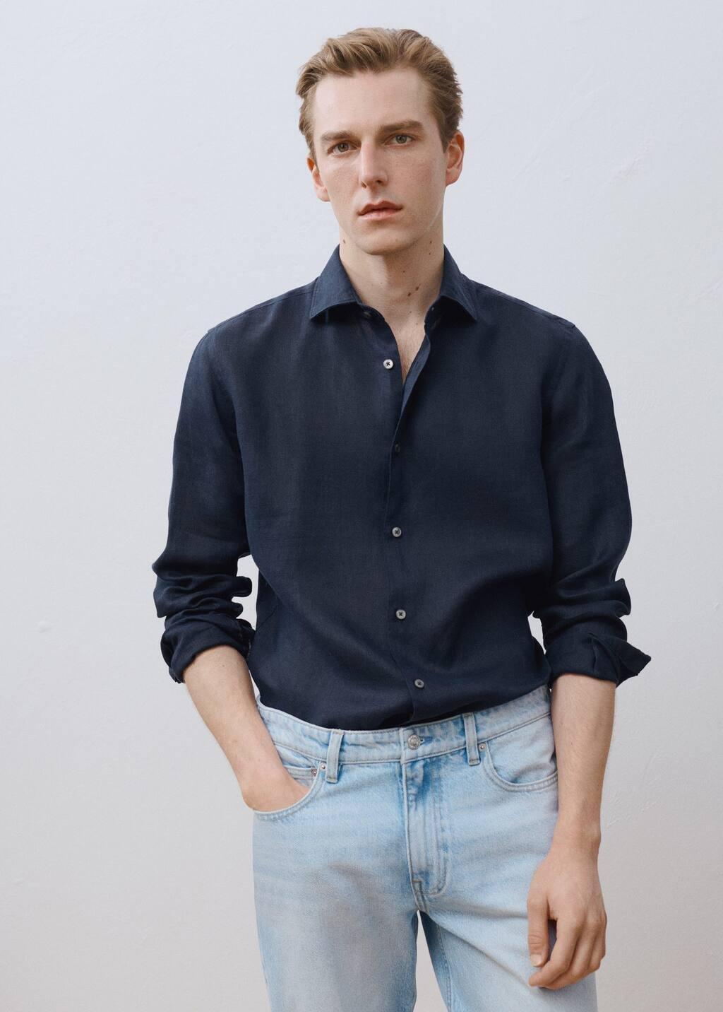 Navy 100% Linen Slim-Fit Shirt, , large image number 5