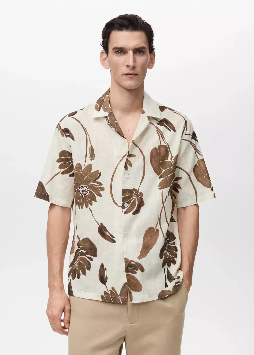 Brown Floral-Print Shirt With Bowling Collar, , medium