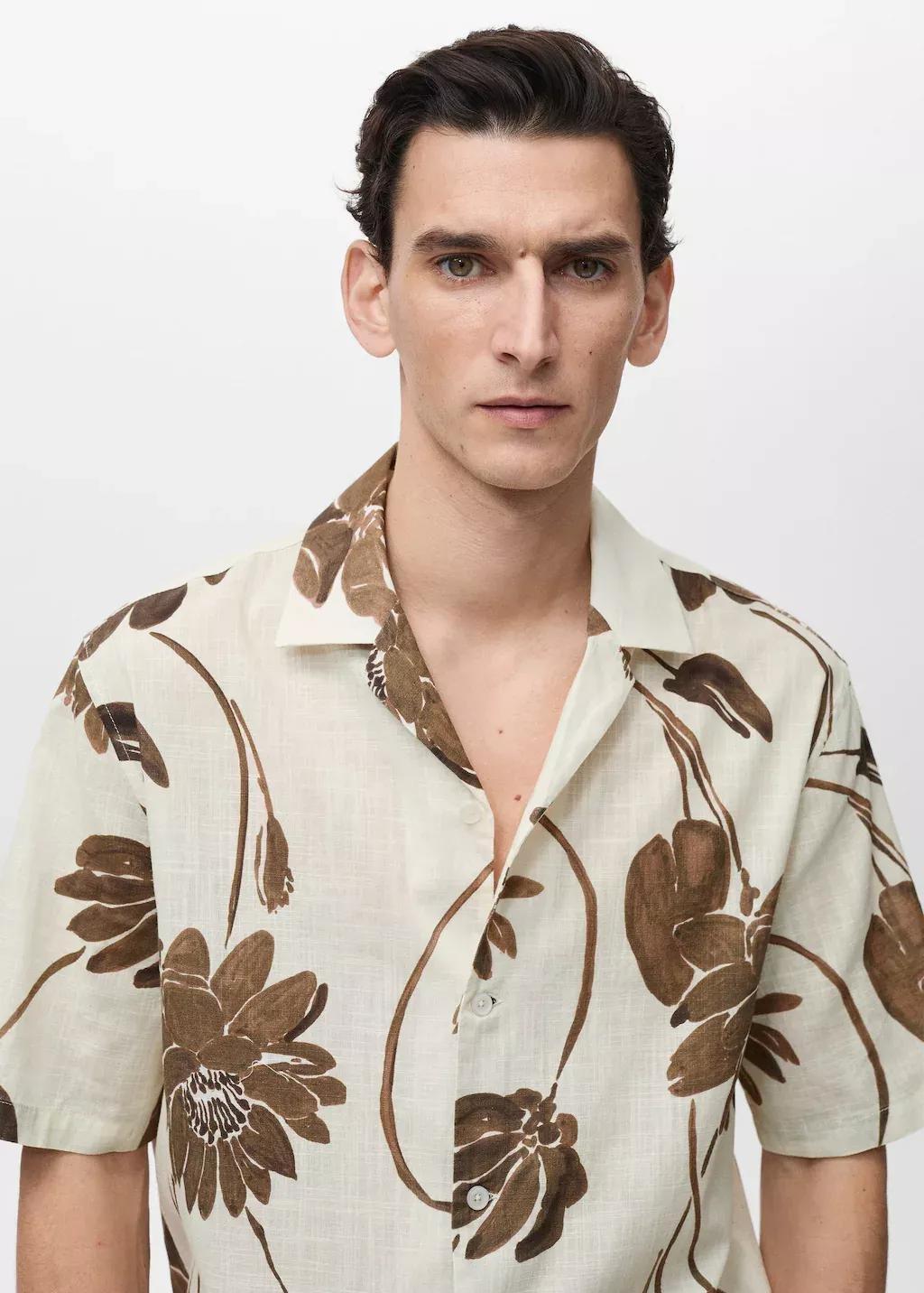 Brown Floral-Print Shirt With Bowling Collar, , large image number 1