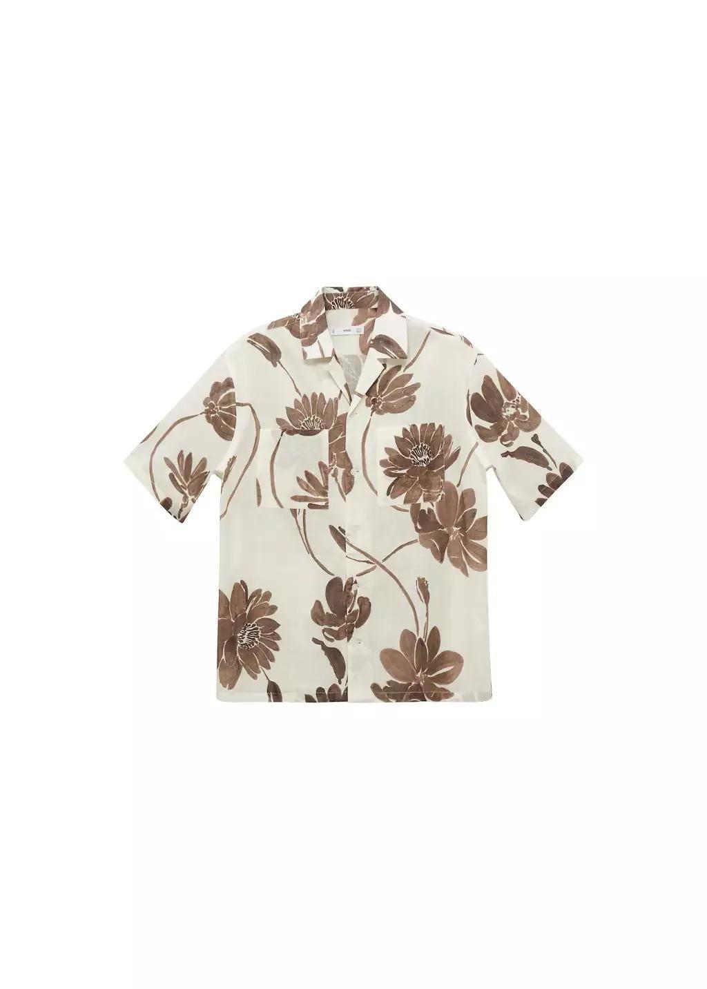 Brown Floral-Print Shirt With Bowling Collar, , large image number 3