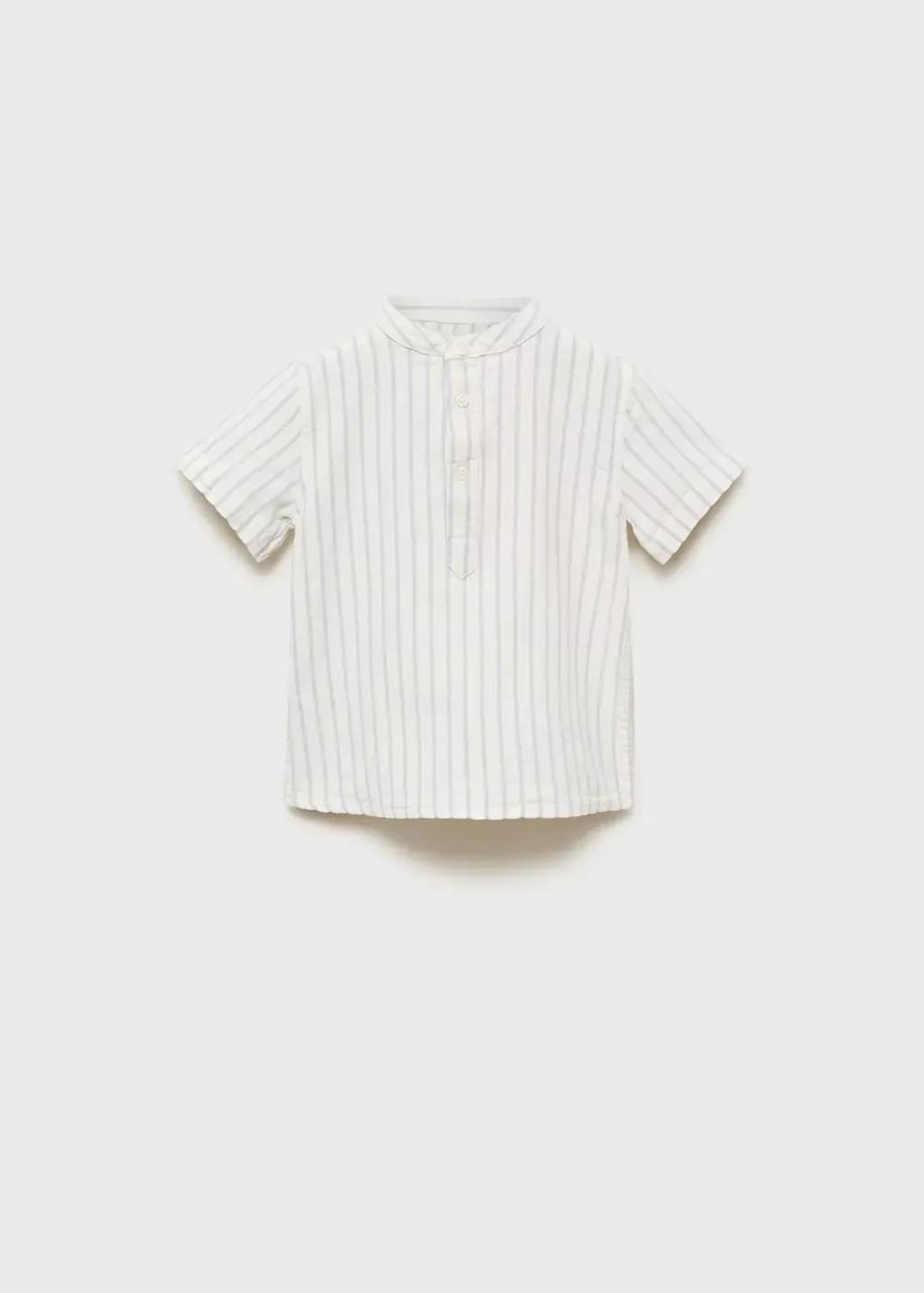 White Striped Mao Collar Shirt, Baby Boy, , medium