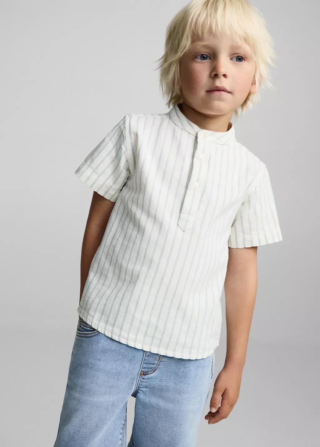 White Striped Mao Collar Shirt, Baby Boy, , large image number 1