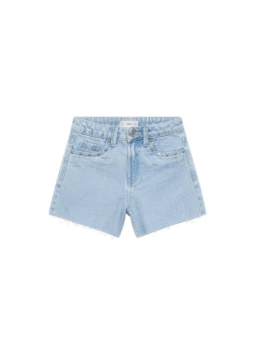 Blue Denim Shorts With Studs, Kids Girl, , large image number 0