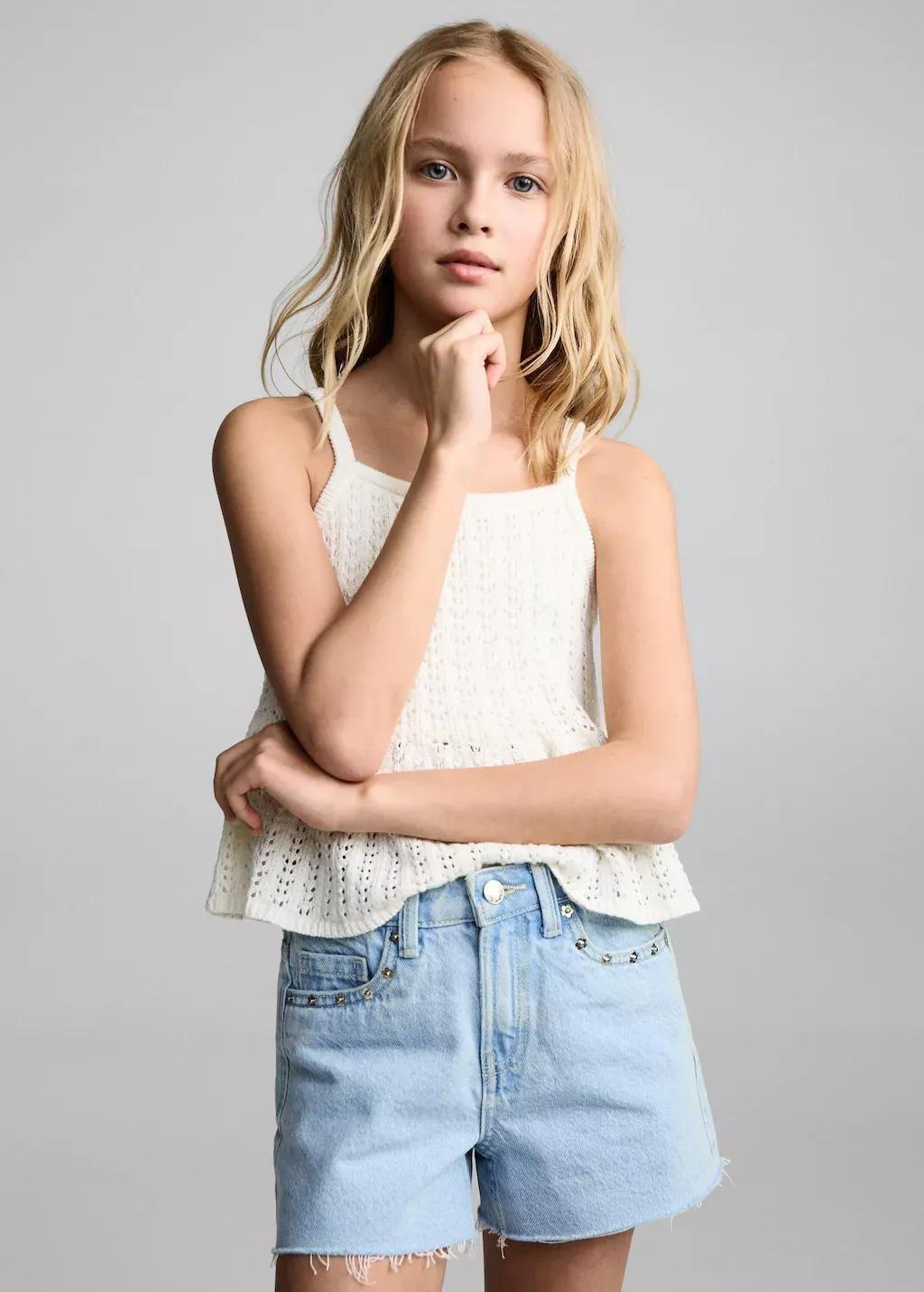 Blue Denim Shorts With Studs, Kids Girl, , large image number 1