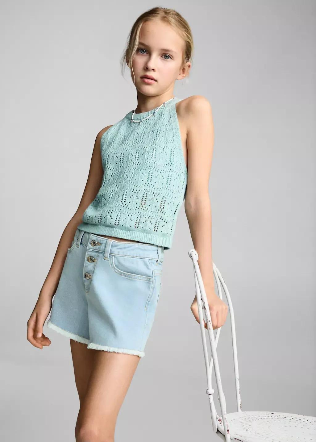 Blue Frayed Denim Shorts, Kids Girl, , large image number 3