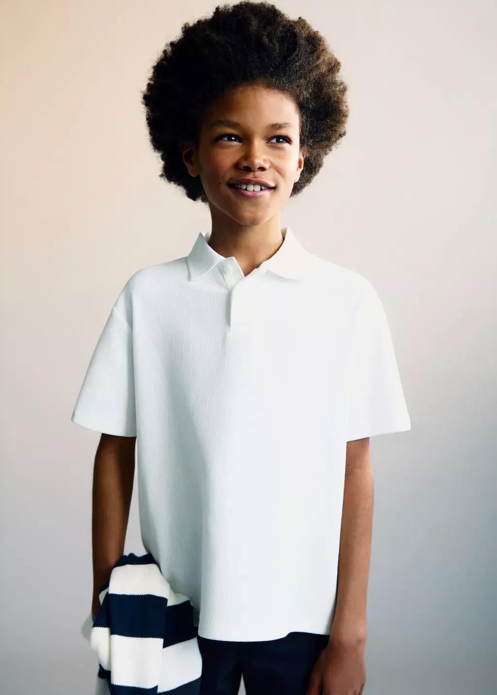 White Ribbed Cotton Polo Shirt, Kids Boy, , large image number 1