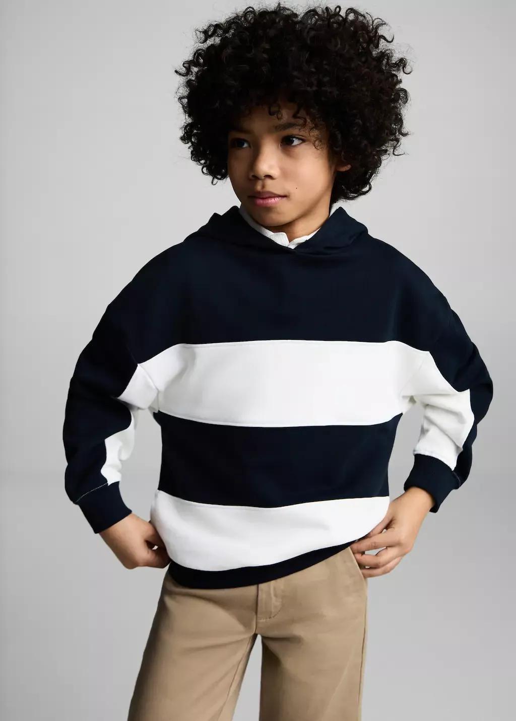 Navy Striped Hooded Sweatshirt, Kids Boy, Navy, large image number 0