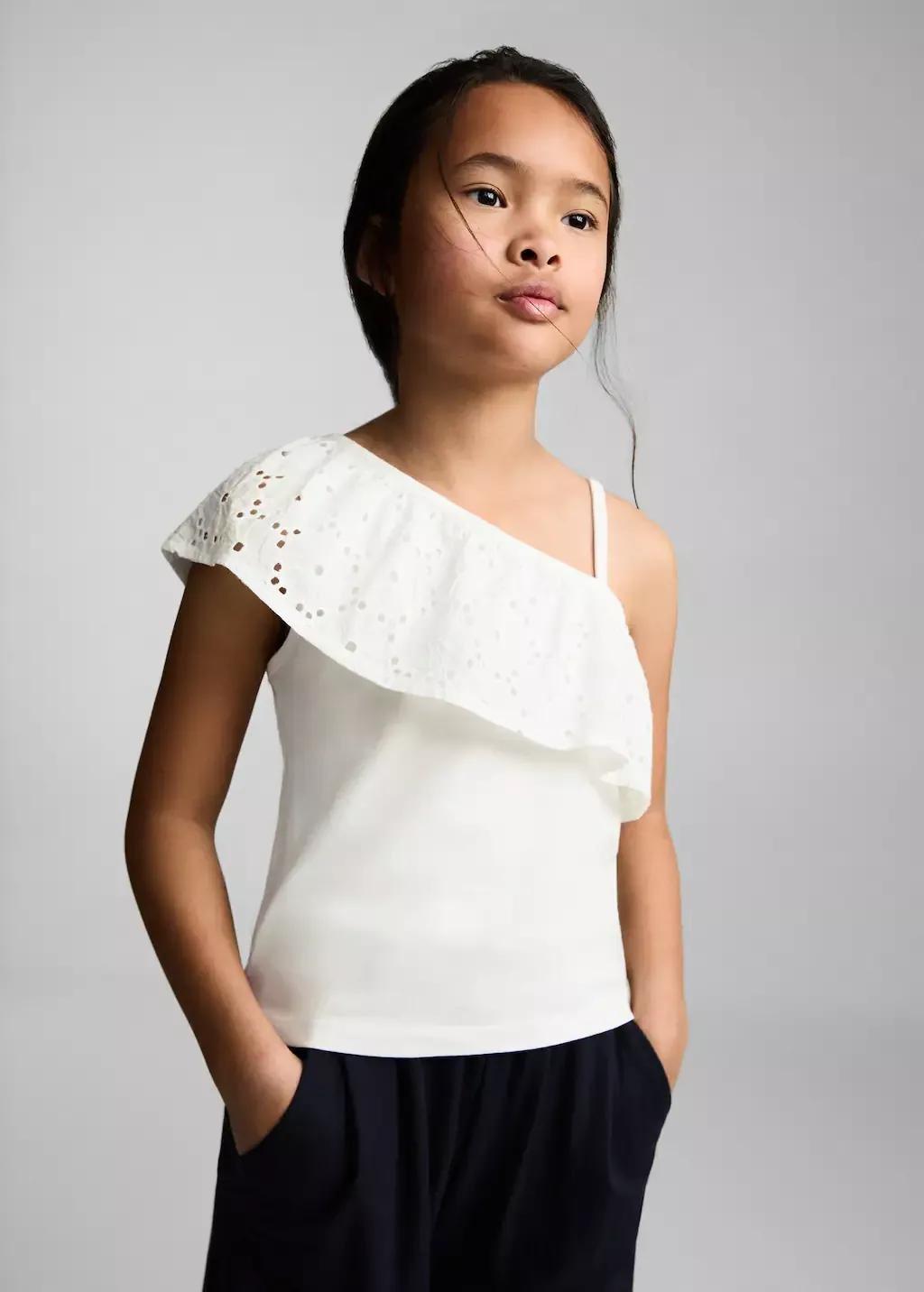 White Ruffled Asymmetric Cropped Top, Kids Girls, , medium