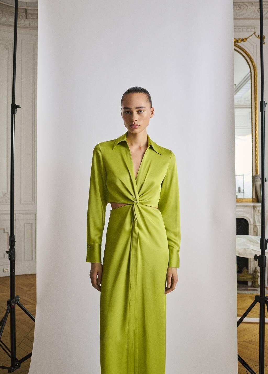 Yellow Draped Shirt Dress With Side Openings, , medium