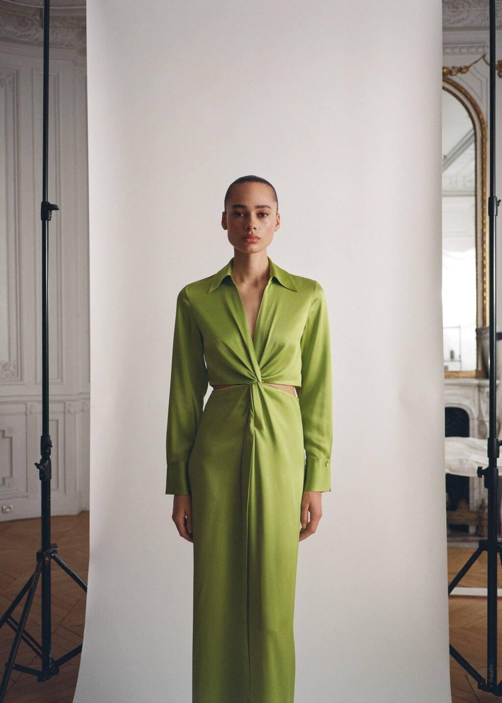 Yellow Draped Shirt Dress With Side Openings, , large image number 3