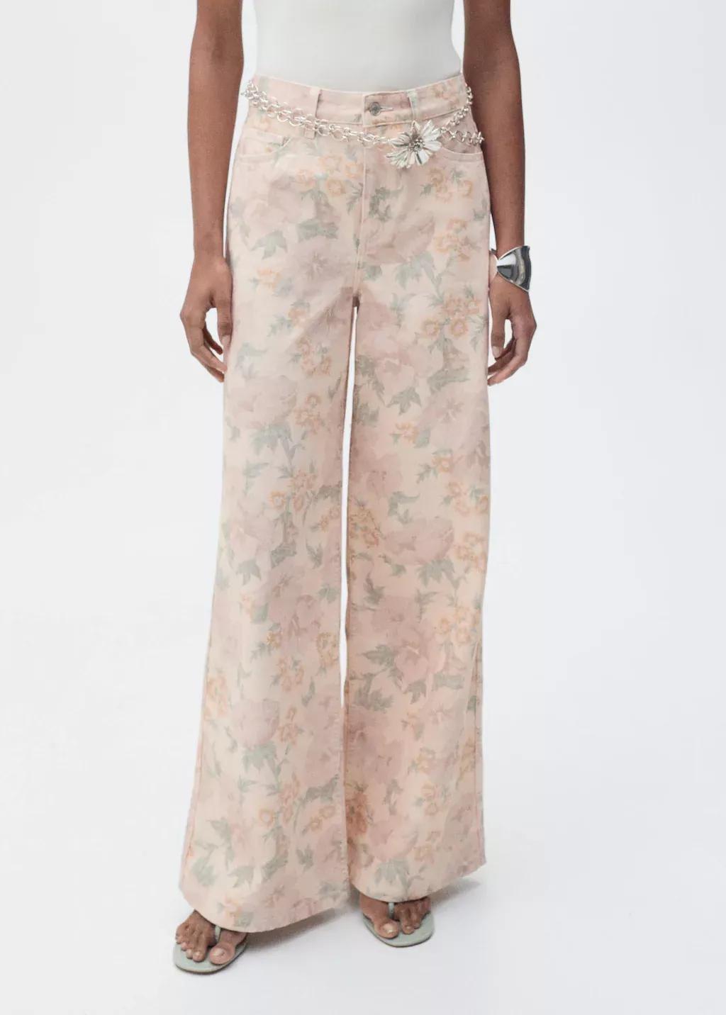 Pastel Pink Floral Wide-Leg Jeans, , large image number 0