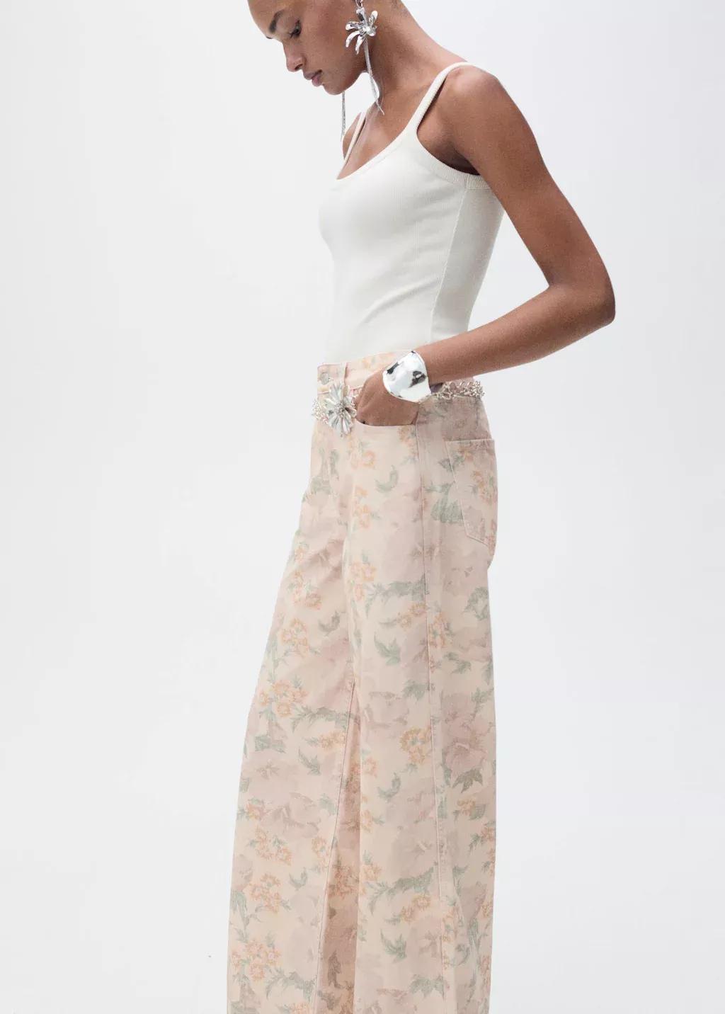 Pastel Pink Floral Wide-Leg Jeans, , large image number 1